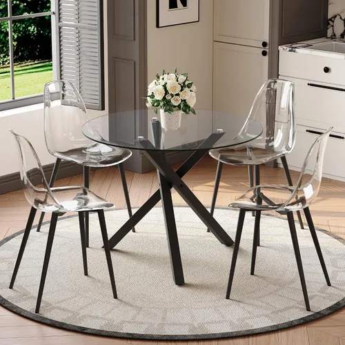 Miniatura 20 de Juego de mesa de comedor redonda para 6, juego de mesa de comedor de vidrio de 39 pulgadas con base de metal ajustable dorada en forma de X y 6