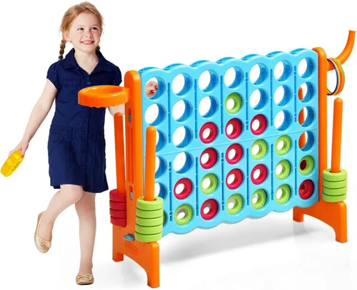 Miniatura 12 de HONEY JOY Juego gigante gigante de 4 a puntuación, 3 en 1 para interiores y exteriores, juego de patio familiar con aro de baloncesto y lanzamiento