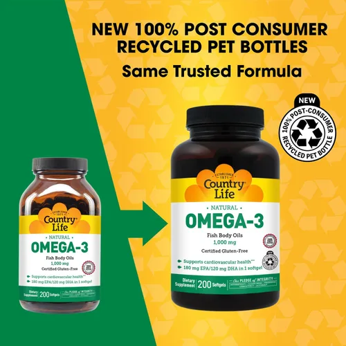 Miniatura 2 de Country Life Suplemento de aceite de pescado omega-3, 1000 mg, 180 mg de EPA y 120 mg de DHA, concentrado de aceite de pescado, sin erupciones, 200