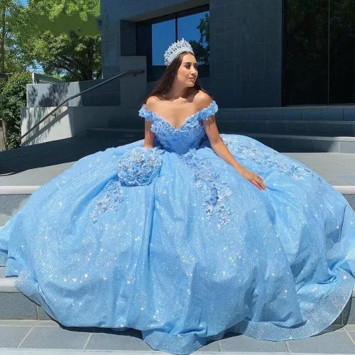 Miniatura 5 de Youjiayi Vestidos de quinceañera florales 3D para mujer, vestidos largos de tul hinchados, vestidos de baile de graduación con hombros descubiertos