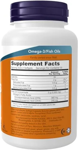 Miniatura 2 de Suplementos NOW Omega-3 180 EPA / 120 DHA, destilado molecularmente, apoyo cardiovascular, 100 cápsulas blandas