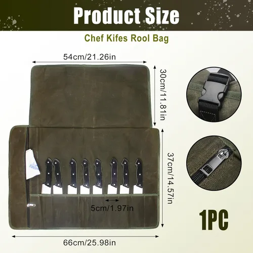 Miniatura 2 de Bolsa enrollable para cuchillos de chef, estuche de viaje para cuchillos de lona encerada, soporte de almacenamiento profesional resistente con 10