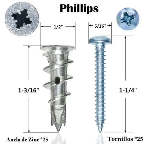 Miniatura 2 de Kit de anclajes de yeso autoperforantes de zinc Ansoon con tornillos, 25 anclajes de pared de metal resistentes y 25 tornillos #8 x 1-1/4 pulgadas