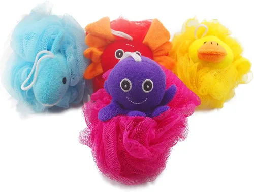 Loofah - Esponja exfoliante para ducha, cepillo de malla con juguetes de animales, bola de esponja para baño, spa, cuerpo para niños y niños, espuma