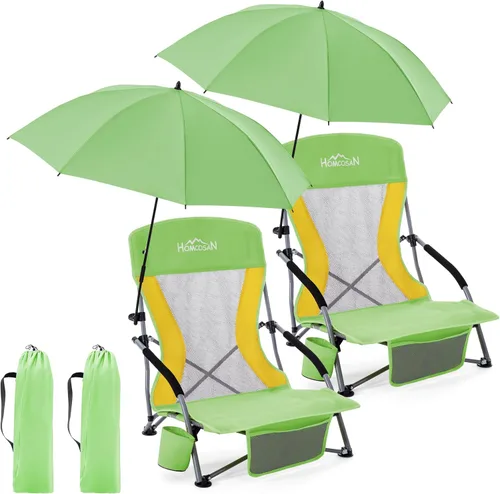 Miniatura 13 de Homcosan Silla de playa portátil baja plegable con paraguas desmontable, silla de campamento ligera para adultos con portavasos y bolsillo