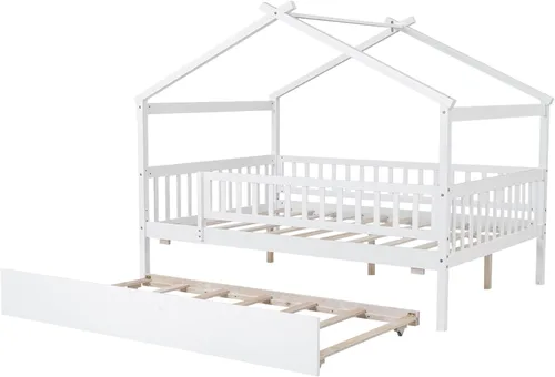 Miniatura 7 de Cama de casa con nido y valla, camas de tamaño matrimonial estilo Montessori con barandillas, marco de cama de madera para niños, niñas, niños