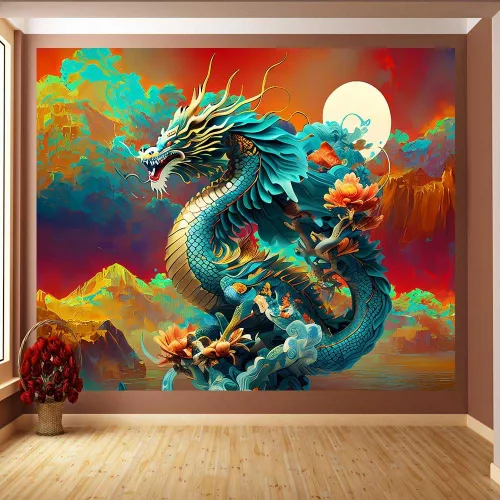 Ine Ive Tapiz de dragón japonés para colgar en la pared, 100 x 90 pulgadas, póster de pared de anime asiático, luna, nube, montañas brumosas,