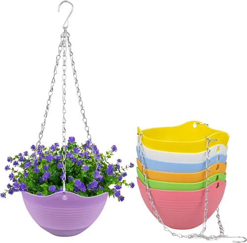 Foraineam Juego de 7 colores de riego automático para interiores y exteriores, maceta de flores con escurridor y cadena para colgar