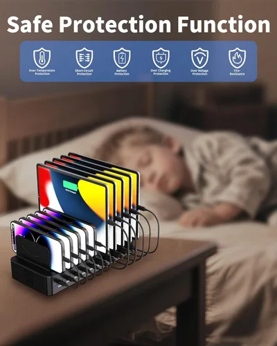 Miniatura 4 de Estación de carga de 100 W para múltiples dispositivos, estación de carga rápida USB de 10 puertos con divisores ajustables y 10 cables, base