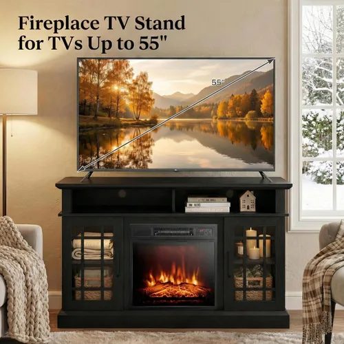 Miniatura 5 de SIMOE Soporte de TV Moderno de 48 Pulgadas con Chimenea Eléctrica, Consola de TV para TVs con Chimenea de 18 hasta 55 Pulgadas con 2 Estantes Negro