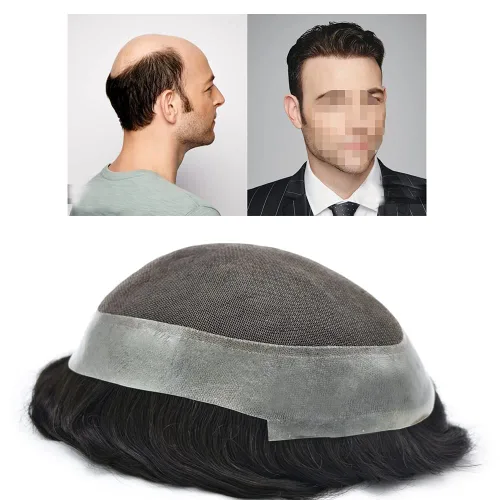 Miniatura 47 de French Lace Mens Toupee Sistema de cabello humano Toupee para hombres Pieza de cabello humano real invisible PU línea capilar natural protesis