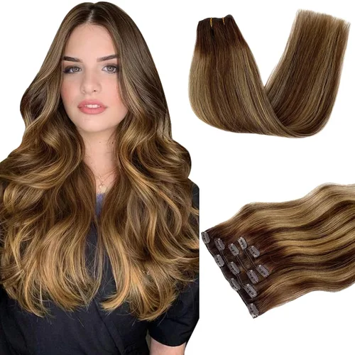 Miniatura 9 de Extensiones de cabello humano con pinzas, 12 pulgadas, extensiones de cabello humano real con pinzas, 2.47 onzas, 5 unidades, color marrón dorado a