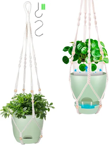 Miniatura 21 de Paquete de 2 macetas colgantes de riego automático de 7.2 pulgadas para plantas de interior y exterior, macetas colgantes de macramé de 34 pulgadas