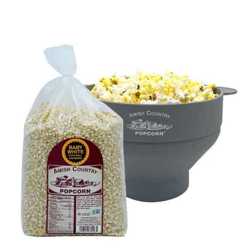 Amish Country Popcorn - Paquete de palomitas de maíz color blanco bebé (bolsa de 6 libras) y de silicona gris | Palomitas pequeñas y tiernas |