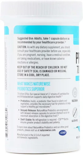Miniatura 11 de NatureWise Probióticos 70 mil millones de UFC, 17 cepas + prebióticos orgánicos, apoyo para la salud inmunológica, digestiva e intestinal