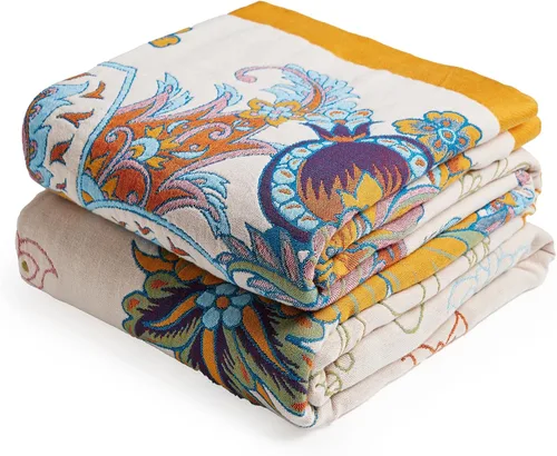Miniatura 21 de VANJOROY - Manta bohemia de 100% algodón orgánico, transpirable, ultrasuave, decoración rústica, manta decorativa con diseño floral para todas