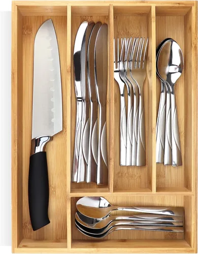Miniatura 10 de Pristine Bamboo bandeja organizadora de cubiertos – Utensilios de mesa, cubiertos, soporte de cubiertos para cajón – Organizador de cajón de madera