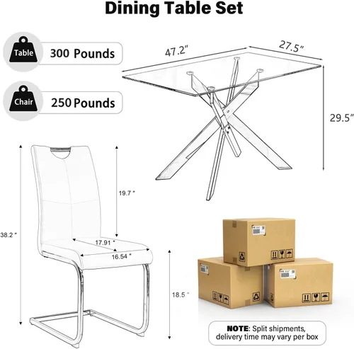 Miniatura 2 de Juego de mesa de comedor de 5 piezas para 4, mesa rectangular moderna de cristal con 4 sillas tapizadas de cuero, juegos de mesa y sillas de comedor