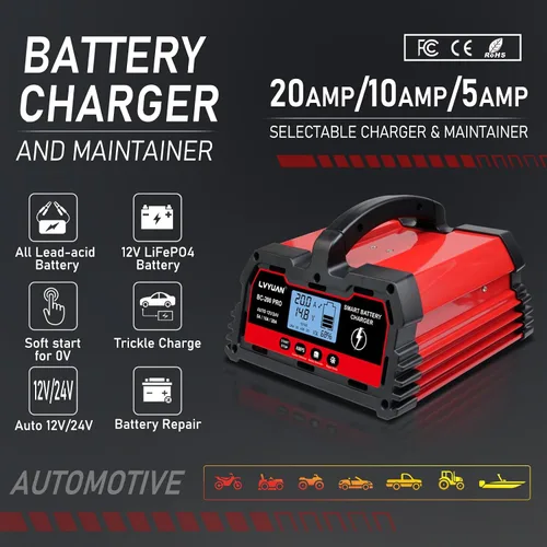 Miniatura 2 de LVYUAN Cargador de batería de 20 A, 12 V/24 V, cargador de batería inteligente para automóvil con cargador de goteo, cargador LiFePO4 de 12 V