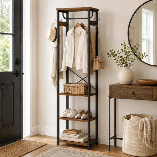 Miniatura 6 de Perchero con Barra para Colgar, Estante para Ropa con 3 Estantes de Madera y 4 Ganchos, Árbol de Pasillo Independiente, Organizador de Perchero