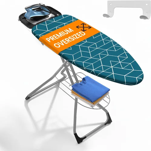 Miniatura 7 de Xabitat Tabla de planchar de tamaño completo de 57 x 15 pulgadas con colgador de montaje en pared, construcción de metal completo, organizador