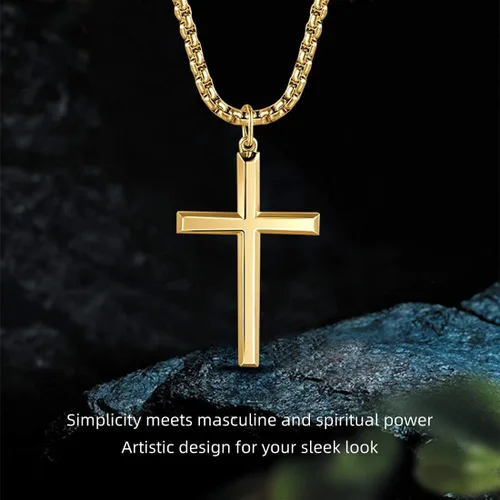 Miniatura 9 de FANCIME Collar con cruz biselada de plata de ley 925 maciza pulida con chapa de oro amarillo o blanco Collar de crucifijo para hombre Collar largo
