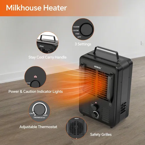 Miniatura 4 de Shinic Calentador Milkhouse de 1500 W, calentador utilitario Milkhouse con termostato ajustable, protección contra sobrecalentamiento y vuelco