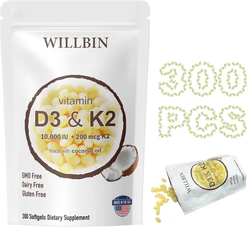 300 unidades 2 en 1 de vitamina D3 10000 iu Plus K2 (MK-7) 200 mcg, cápsulas blandas de aceite de coco con vitaminas D y K, apoya la salud ósea,
