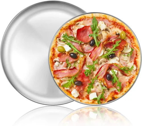 Deedro Bandeja de pizza para hornear pizza, bandeja redonda de acero inoxidable, bandeja para hornear pizza de alta resistencia para horno, bandeja
