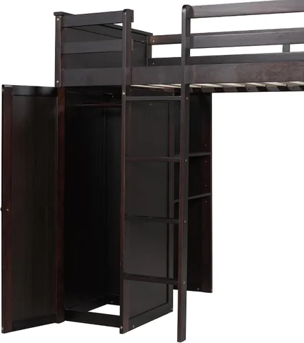 Miniatura 8 de Litera individual sobre individual con escritorio, armario y estantes, marco de cama tipo loft de madera maciza con una cama independiente, literas