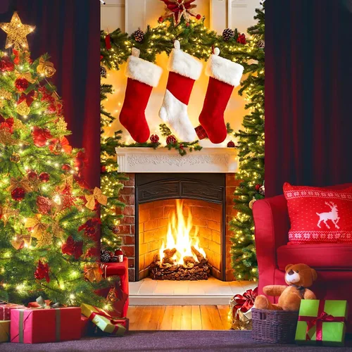 Miniatura 2 de Cartel de cubierta de puerta de chimenea de Navidad con medias y letrero – Fondo de soporte para cabina de fotos para vacaciones interior/exterior