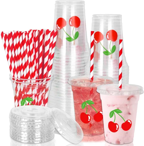 Miniatura 9 de Whaline 50 vasos de plástico desechables patrióticos de 12 onzas con tapas y pajitas con la bandera estadounidense del 4 de julio, vasos