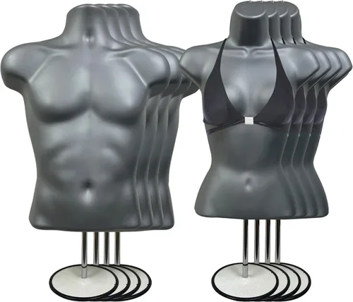 Miniatura 35 de Torso de maniquí masculino y femenino con soporte de metal, cuerpo hueco en la espalda, forma de vestido apilable para exhibición de camisetas, Gris