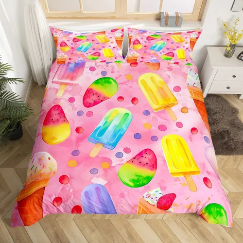 Erosebridal Juego de ropa de cama Kawaii con funda de edredón de helado en acuarela para niños y niñas, divertida funda de edredón con temática de