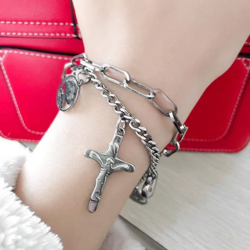 Miniatura 2 de Encantos Jesús Crucifijo Cruz Eslabón Cadena Pulsera Árbol de la Vida Brazaletes, Acero Inoxidable, Semilla de Mostaza Joyería Cristiana ZY077
