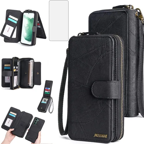 Asuwish Funda de teléfono para Samsung Galaxy S22 5G con cremallera, funda desmontable con protector de pantalla de vidrio templado y tarjetero de