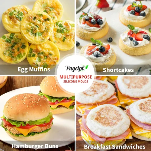 Miniatura 7 de Puyeipt Moldes de silicona para huevos de 4 pulgadas para sándwiches de desayuno, paquete de 2 moldes de silicona redondos antiadherentes