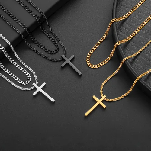 Miniatura 6 de LUXEJEW Collar de cruz para hombres y niños, collar con colgante de cruz de acero inoxidable dorado, plateado y negro, collar de cadena de eslabones