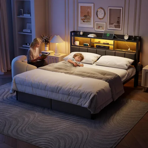 Miniatura 9 de Furnulem Base de cama King con cabecero de madera y cajones de almacenamiento, marcos de cama de plataforma de metal tamaño King con luces LED