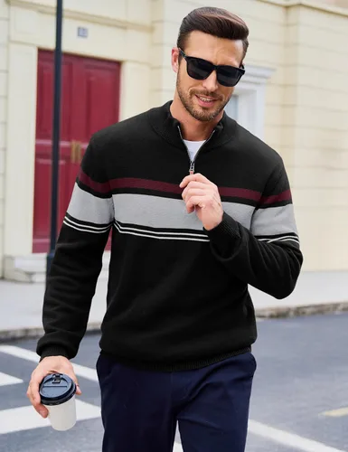 Miniatura 38 de MAGCOMSEN Suéteres de algodón con cremallera de 1/4 para hombre, suéter tipo polo, a rayas, para otoño e invierno, sudaderas cálidas