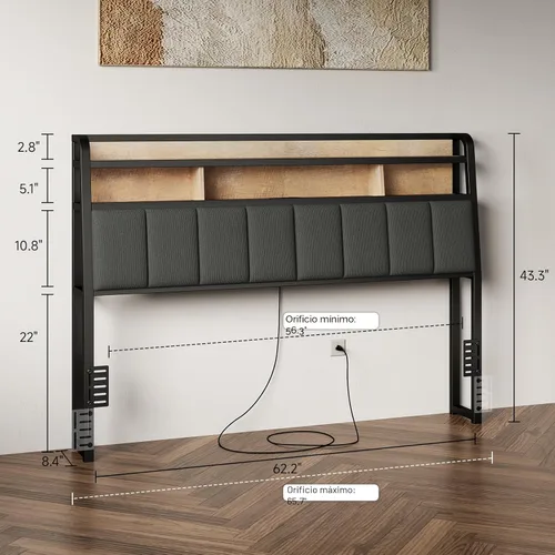 Miniatura 2 de Cabecera completa solo con almacenamiento, cabeceros tapizados para cama de tamaño matrimonial con luz LED, estación de carga, altura ajustable