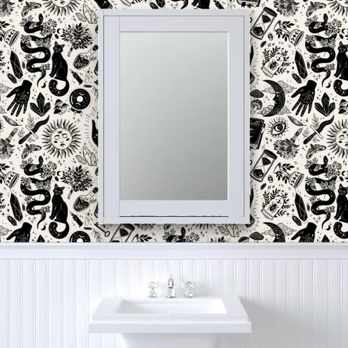 Miniatura 9 de Spoonflower Papel tapiz para despegar y pegar, color negro, blanco, gótico, gótico, mágico, de Halloween, bruja, monocromático, extraíble