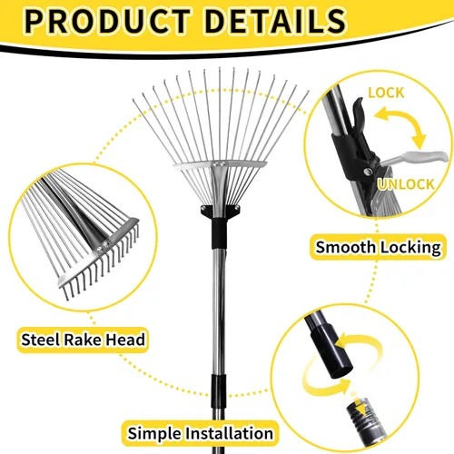 Miniatura 3 de Rastrillo de jardín para hojas, rastrillo de hojas ajustable de metal resistente para césped, mango largo de 33 a 69 pulgadas con cabeza expandible