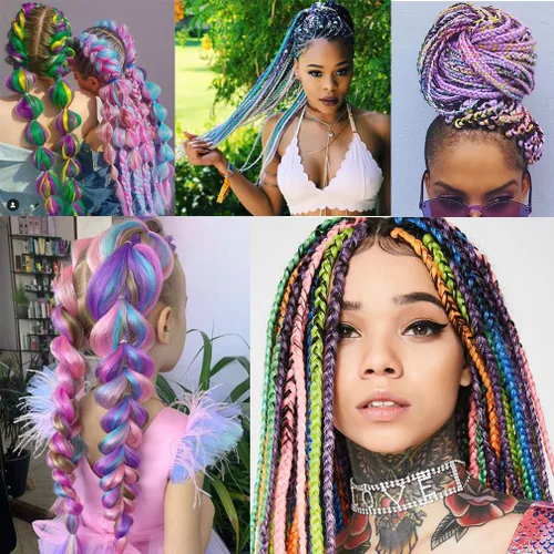 Miniatura 6 de Paquete de 3 extensiones de cabello trenzado de arco iris de 24 pulgadas, mezcla de cuatro colores para trenzas, trenzas de caja jumbo de fibra