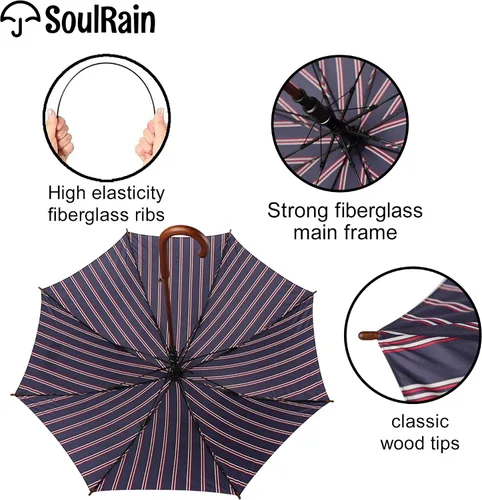 Miniatura 6 de SoulRain Paraguas clásico con mango de madera de 48 pulgadas, apertura automática, resistente al viento, transparente, irrompible, paraguas