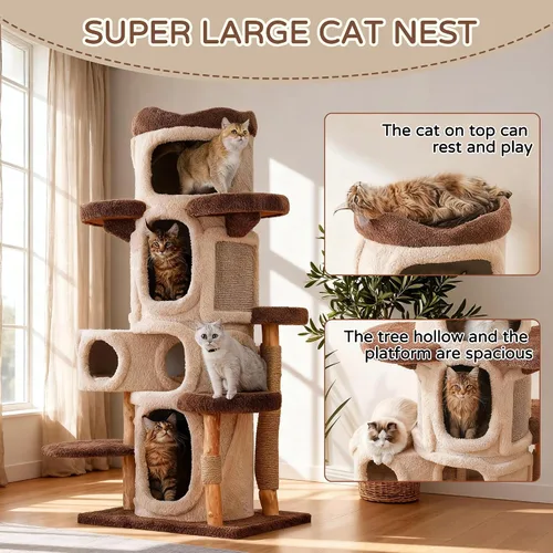 Miniatura 5 de RPZ Árbol para gatos de madera maciza de lujo de 54.7 pulgadas para gatos pequeños a medianos, poste rascador de madera natural con rama real