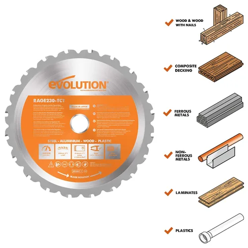 Miniatura 2 de Evolution Power Tools RAGE230BLADE - Cuchilla TCT multimaterial para sierras, corta acero suave, aluminio, plásticos y madera, 9 pulgadas