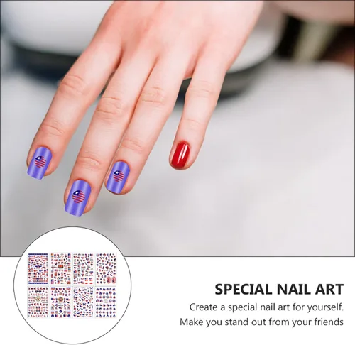 Miniatura 7 de RIICFDD 8 hojas de calcomanías para uñas del 4 de julio, autoadhesivas 3D de bandera de Estados Unidos para arte de uñas, calcomanías del día