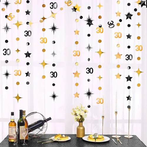 Decoraciones de cumpleaños número 30 en color negro y dorado, guirnalda de estrellas centelleantes con diseño de círculos, telón de fondo metálico