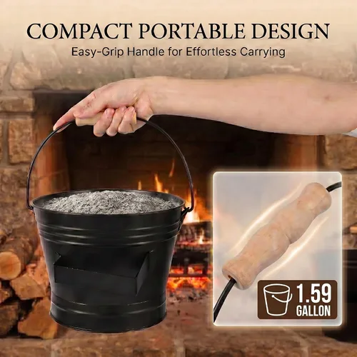 Miniatura 5 de Kit de limpieza de estufa y chimenea de 4 piezas: cubo de ceniza pequeño de 1.59 galones, cepillo, guantes, juego de herramientas de paleta